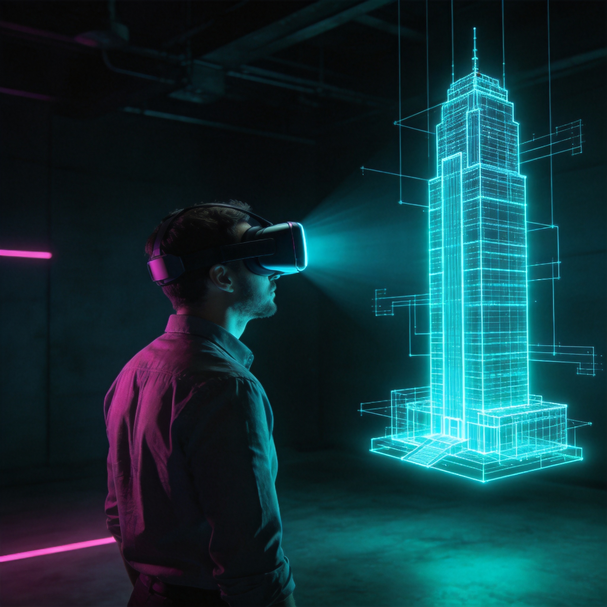 建築師在 VR 中審視全息建築模型